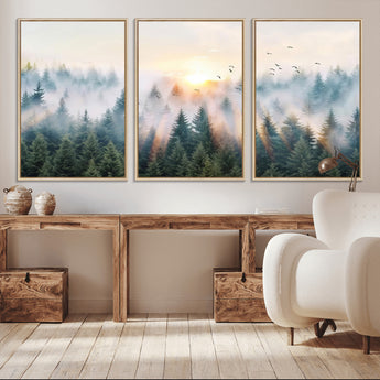 92718976-MGV-CV-36X24-Misty Forest Wall Art Canvas Print, Framed Sunrise Pines Art Picture Print, Foggy Woodland Perfect Moody Woodland Decor Artwork