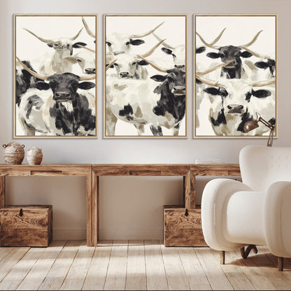 52947970-MGV-CV-36X24-Texas Longhorn Wall Art Canvas Print, Framed Cattle Herd Art Picture Print, Herd Portrait Perfect Modern Farmhouse Decor Artwork