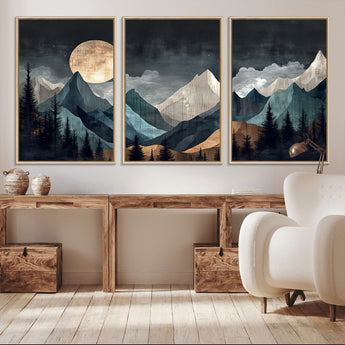 11060882-MGV-CV-36X24-Moonlit Mountains Wall Art Canvas Print, Framed Forest Silhouette Art Picture Print, Night Landscape Perfect Modern Forest Decor
