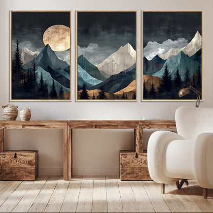 11060882-MGV-CV-36X24-Moonlit Mountains Wall Art Canvas Print, Framed Forest Silhouette Art Picture Print, Night Landscape Perfect Modern Forest Decor