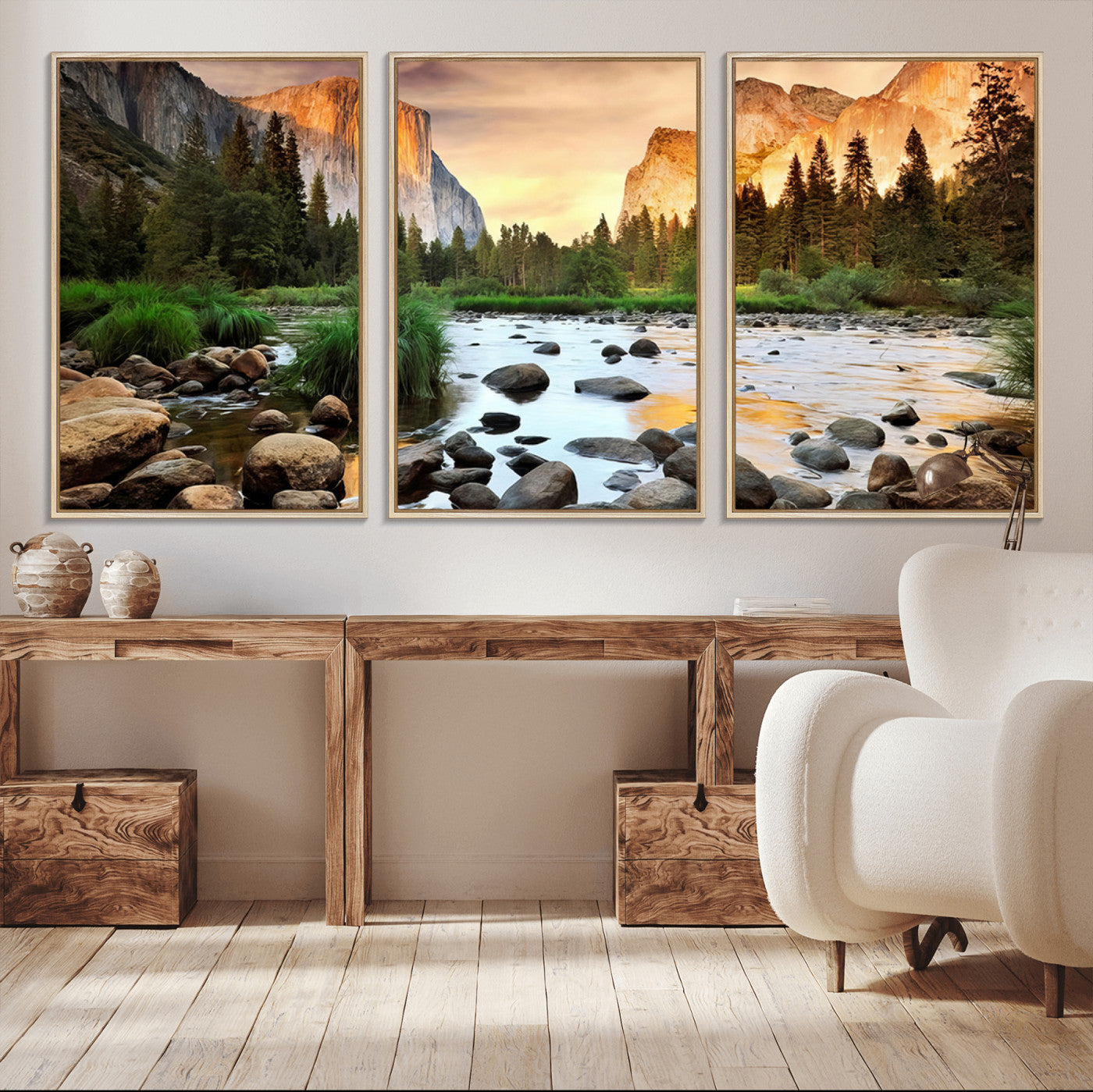 90956031-MGV-FC-60X30-3P_Natural-Yosemite Valley Wall Art – Scenic Mountain River Landscape Canvas Print, Nature Photography for Living Room, Bedroom, Cabin,