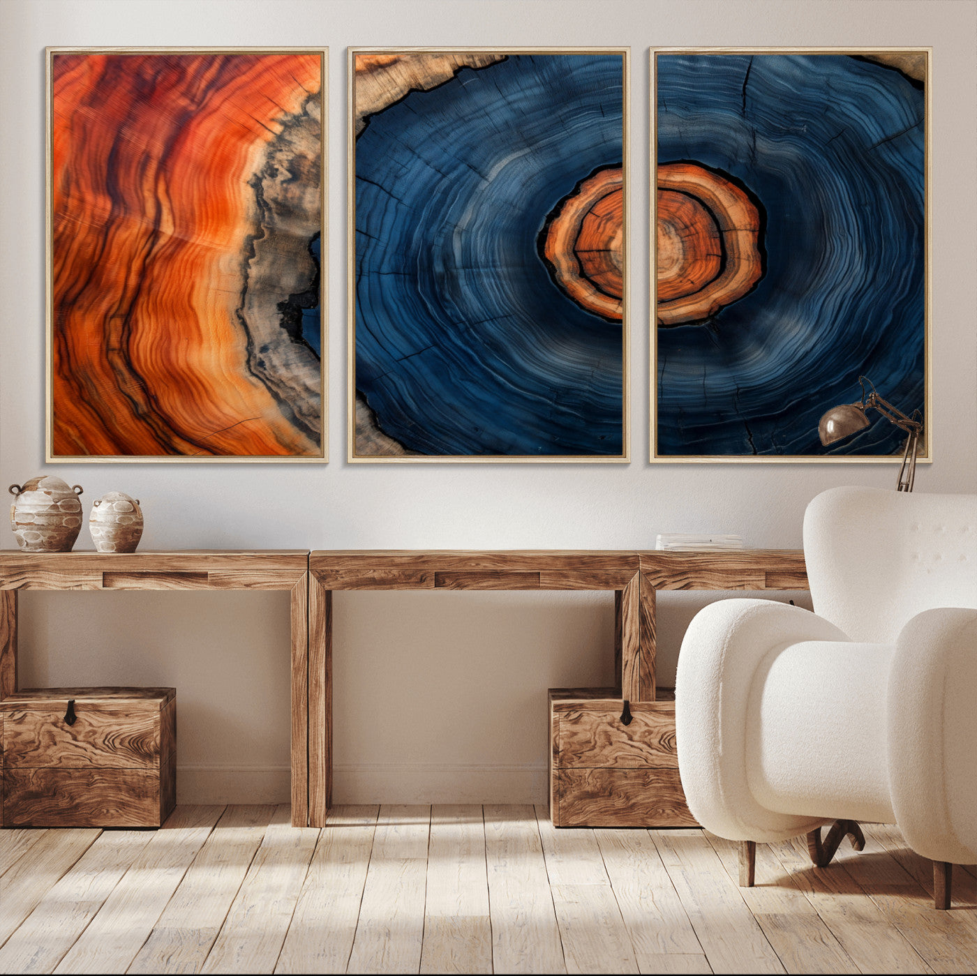 72209152-MGV-CV-36X24-Abstract Tree Ring Wall Art – Vibrant Blue Orange Wood Grain Canvas Print, Rustic Modern Nature Artwork for Living Room, Office,