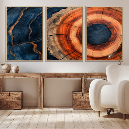 41123192-MGV-CV-36X24-Tree Ring Canvas Wall Art – Abstract Blue Orange Wood Grain Print, Rustic Modern Nature Artwork for Living Room, Bedroom, Office