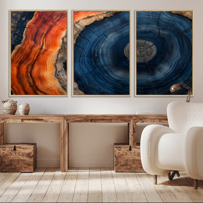 99491700-MGV-CV-36X24-Tree Ring Canvas Wall Art – Blue Orange Abstract Wood Grain Print, Rustic Modern Nature Artwork for Living Room, Office, Bedroom