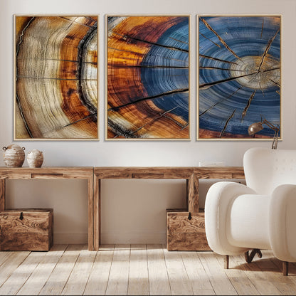 18032999-MGV-CV-36X24-Tree Ring Wall Art – Blue Brown Abstract Wood Slice Canvas Print, Rustic Modern Nature Decor for Living Room, Office, Bedroom or