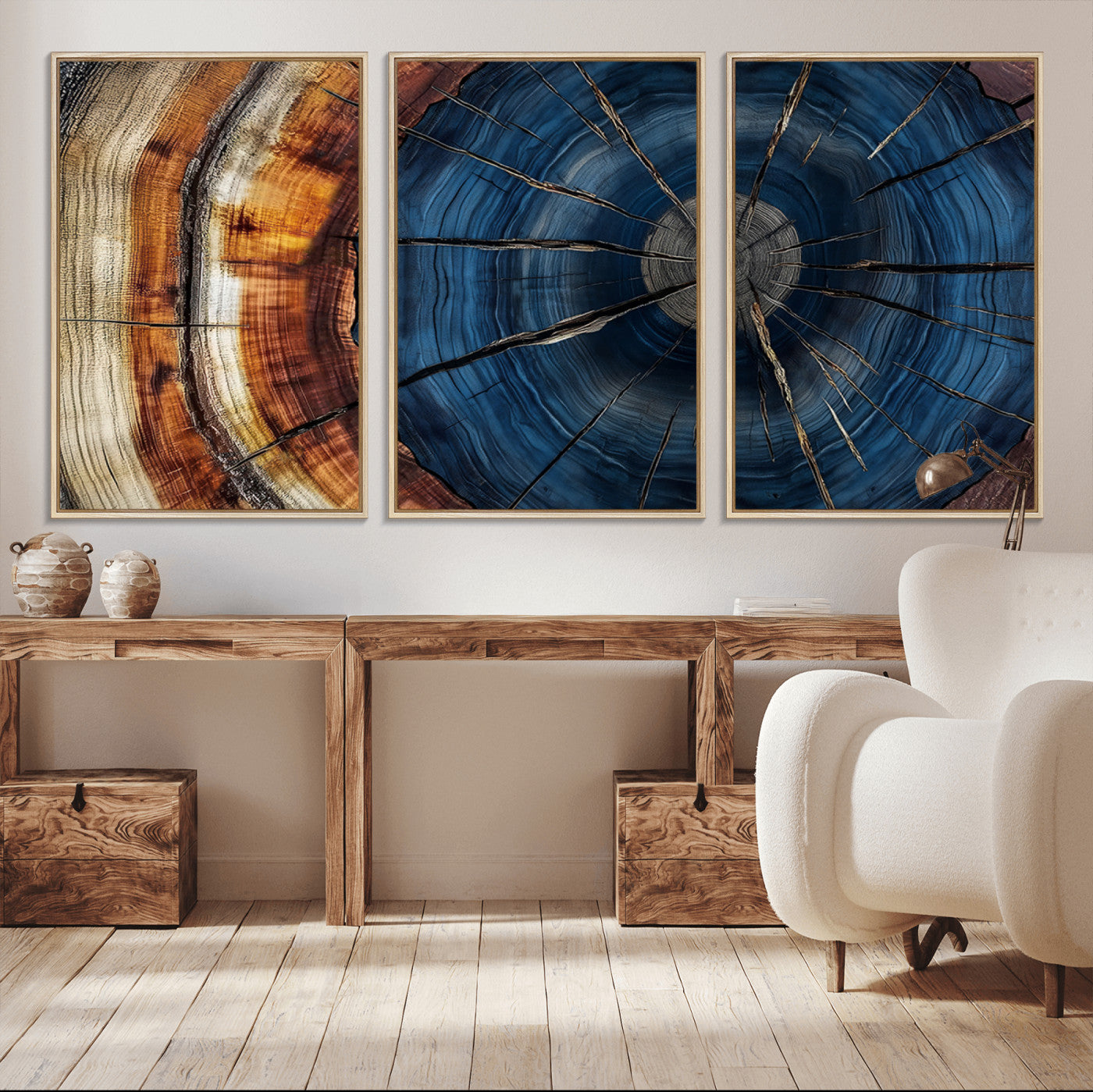 60099360-MGV-FC-60X30-3P_Natural-Blue Tree Ring Wall Art – Rustic Wood Grain Canvas Print, Modern Abstract Artwork with Natural Texture for Living Room, Bedroom,