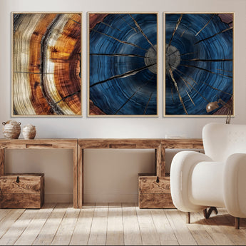60099360-MGV-FC-60X30-3P_Natural-Blue Tree Ring Wall Art – Rustic Wood Grain Canvas Print, Modern Abstract Artwork with Natural Texture for Living Room, Bedroom,