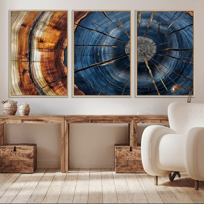 45268471-MGV-CV-36X24-Blue Tree Ring Wall Art – Rustic Wood Cross Section Canvas Print, Modern Abstract Nature Decor for Living Room, Office, or Cabin
