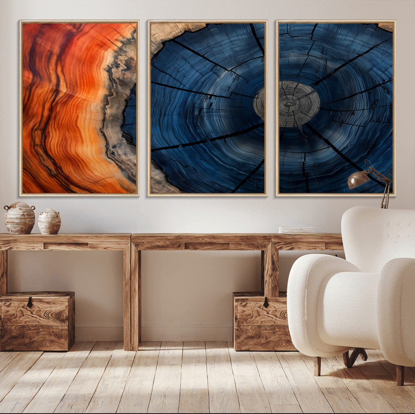 26110607-MGV-CV-36X24-Blue and Orange Tree Ring Wall Art – Abstract Wood Cross Section Canvas Print, Modern Rustic Nature Decor for Living Room, Office,