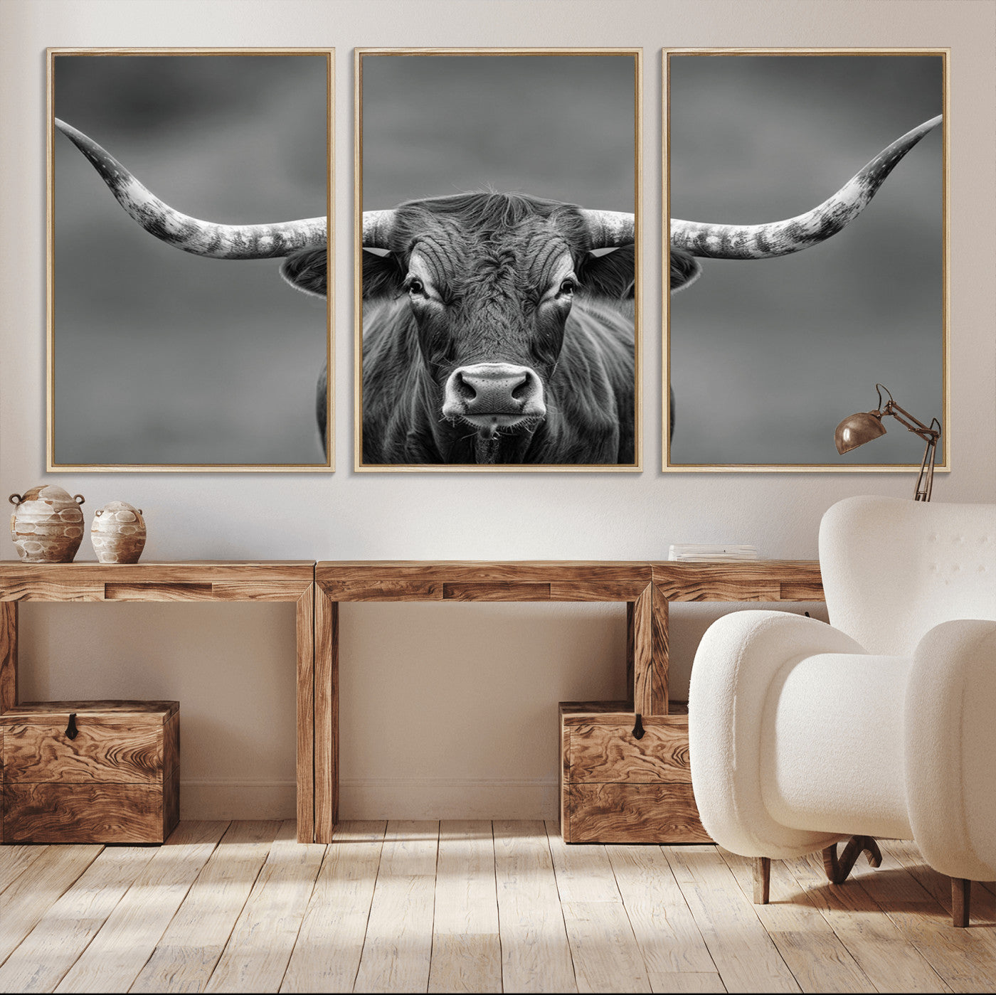 81228550-MGV-FC-60X30-3P_Natural-Framed Texas Longhorn Bull Art Canvas Print, Western Bull Wall Art Print, Long Horn Bull Photo Print for Log Cabin, Large Bull
