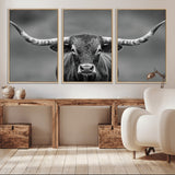 81228550-MGV-FC-60X30-3P_Natural-Framed Texas Longhorn Bull Art Canvas Print, Western Bull Wall Art Print, Long Horn Bull Photo Print for Log Cabin, Large Bull