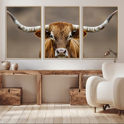 12179171-MGV-CV-36X24-Texas Longhorn Wall Art Canvas Print, Framed Brown Bull Art Picture Print, Lone Cattle Perfect Rustic Western Decor Artwork