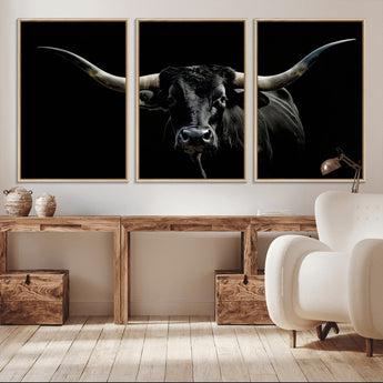 37531960-MGV-CV-36X24-Black Longhorn Bull Wall Art – Dramatic Western Cattle Canvas Print, Rustic Farmhouse Animal Artwork for Living Room, Bedroom,