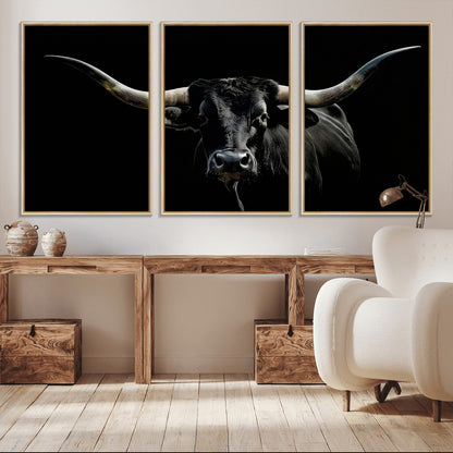 37531960-MGV-CV-36X24-Black Longhorn Bull Wall Art – Dramatic Western Cattle Canvas Print, Rustic Farmhouse Animal Artwork for Living Room, Bedroom,