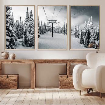31156828-MGV-CV-36X24-Snowy Pines Wall Art Canvas Print, Framed Ski Lift Art Picture Print, Winter Forest Perfect Moody Lodge Decor Artwork