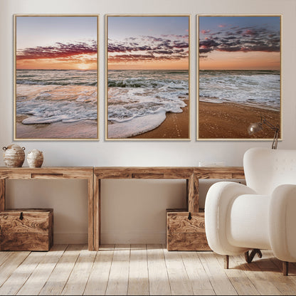 39846389-MGV-CV-36X24-Ocean Sunset Wall Art Canvas Print, Framed Sandy Shore Art Picture Print, Gentle Waves Perfect Minimalist Coastal Decor Artwork