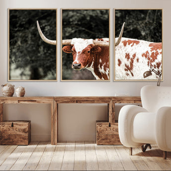 54027638-MGV-CV-36X24-Texas Longhorn Wall Art Canvas Print, Framed Spotted Cow Art Picture Print, Horned Bull Perfect Rustic Western Decor Artwork