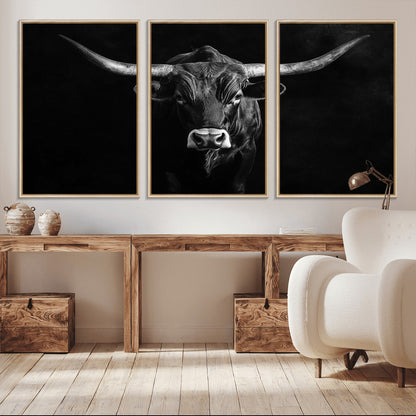 42077175-MGV-FC-60X30-3P_Natural-Texas Longhorn Wall Art Canvas Print, Framed Monochrome Bull Art Picture Print, Horned Bull Perfect Rustic Western Decor Artwork