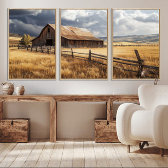 38758826-MGV-CV-36X24-Rustic Barn Wall Art Canvas Print, Framed Moody Barn Art Picture Print, Golden Field Perfect Rustic Farmhouse Decor Artwork