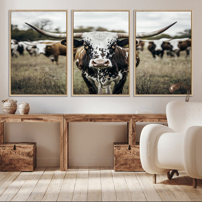 79025945-MGV-FC-60X30-3P_Natural-Texas Longhorn Wall Art Canvas Print, Framed Speckled Cow Art Picture Print, Horned Cattle Perfect Rustic Western Decor Artwork