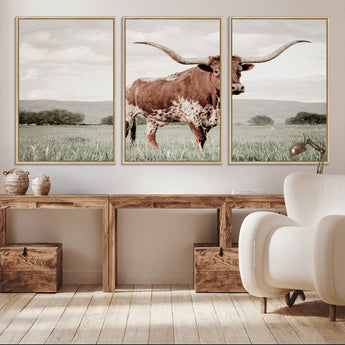 28309012-MGV-CV-36X24-Texas Longhorn Wall Art Canvas Print, Framed Spotted Cattle Art Picture Print, Horned Bull Perfect Rustic Western Decor Artwork