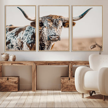 70414966-MGV-CV-36X24-Texas Longhorn Wall Art Canvas Print, Framed Speckled Cow Art Picture Print, Horned Bull Perfect Rustic Western Decor Artwork