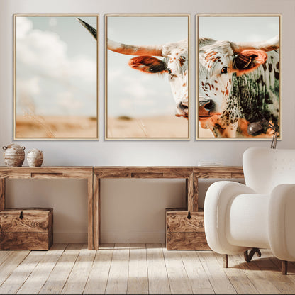 72766375-MGV-CV-36X24-Texas Longhorn Wall Art Canvas Print, Framed Spotted Cow Art Picture Print, Horned Cattle Perfect Rustic Western Decor Artwork