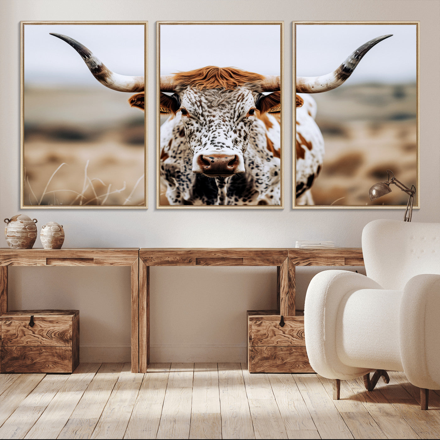 76294381-MGV-CV-36X24-Texas Longhorn Wall Art Canvas Print, Framed Spotted Cow Art Picture Print, Horned Cattle Perfect Rustic Western Decor Artwork