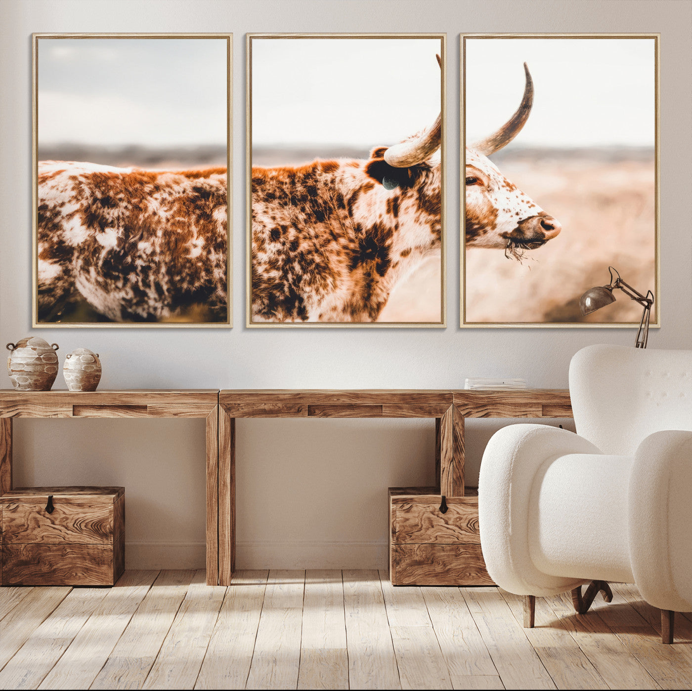 11528295-MGV-CV-36X24-Speckled Longhorn Wall Art Canvas Print, Framed Texas Cattle Art Picture Print, Horned Cow Perfect Rustic Western Decor Artwork