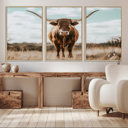 39350715-MGV-CV-36X24-Texas Longhorn Wall Art Canvas Print, Framed Longhorn Cow Art Picture Print, Western Cattle Perfect Rustic Western Decor Artwork
