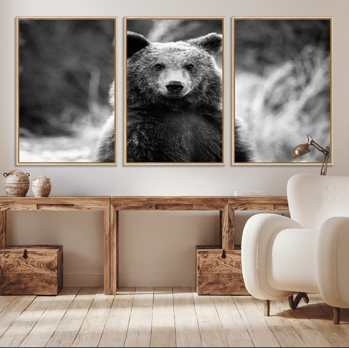 MGV-FC-60X30-3P - Grizzly Bear Wall Art Canvas Print, Framed Black White Bear Art Picture Print, Wild Bear Perfect Rustic Wildlife Decor Artwork