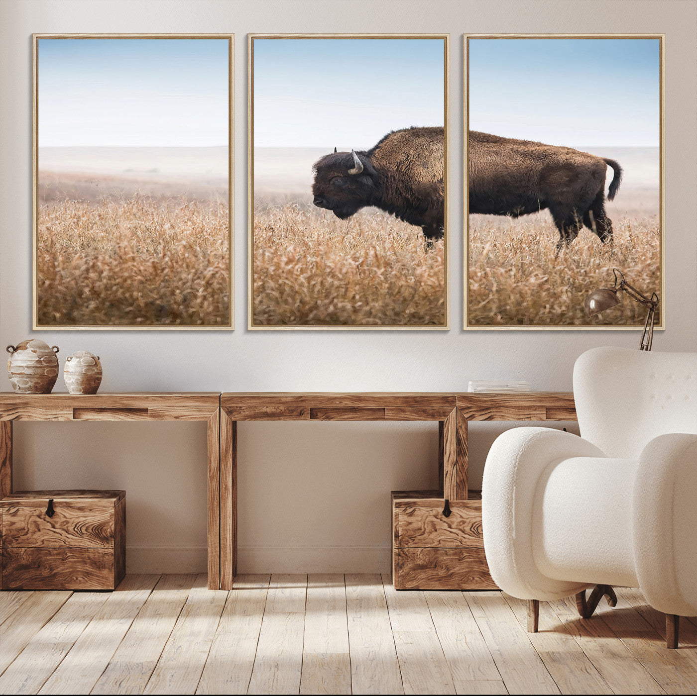 91267849-MGV-FC-60X30-3P_Natural-Wild Bison Wall Art Canvas Print, Framed Bison in Prairie Art Picture Print, Rustic Western Perfect Rustic Western Decor Artwork
