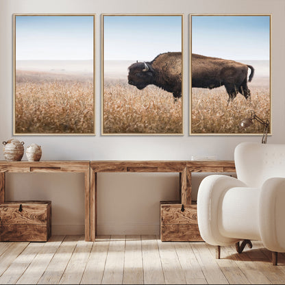 91267849-MGV-FC-60X30-3P_Natural-Wild Bison Wall Art Canvas Print, Framed Bison in Prairie Art Picture Print, Rustic Western Perfect Rustic Western Decor Artwork