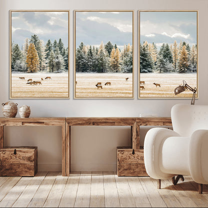 64188182-MGV-CV-36X24-Elk Herd Wall Art Canvas Print, Framed Snowy Forest Art Picture Print, Forest Elks Perfect Neutral Rustic Decor Artwork