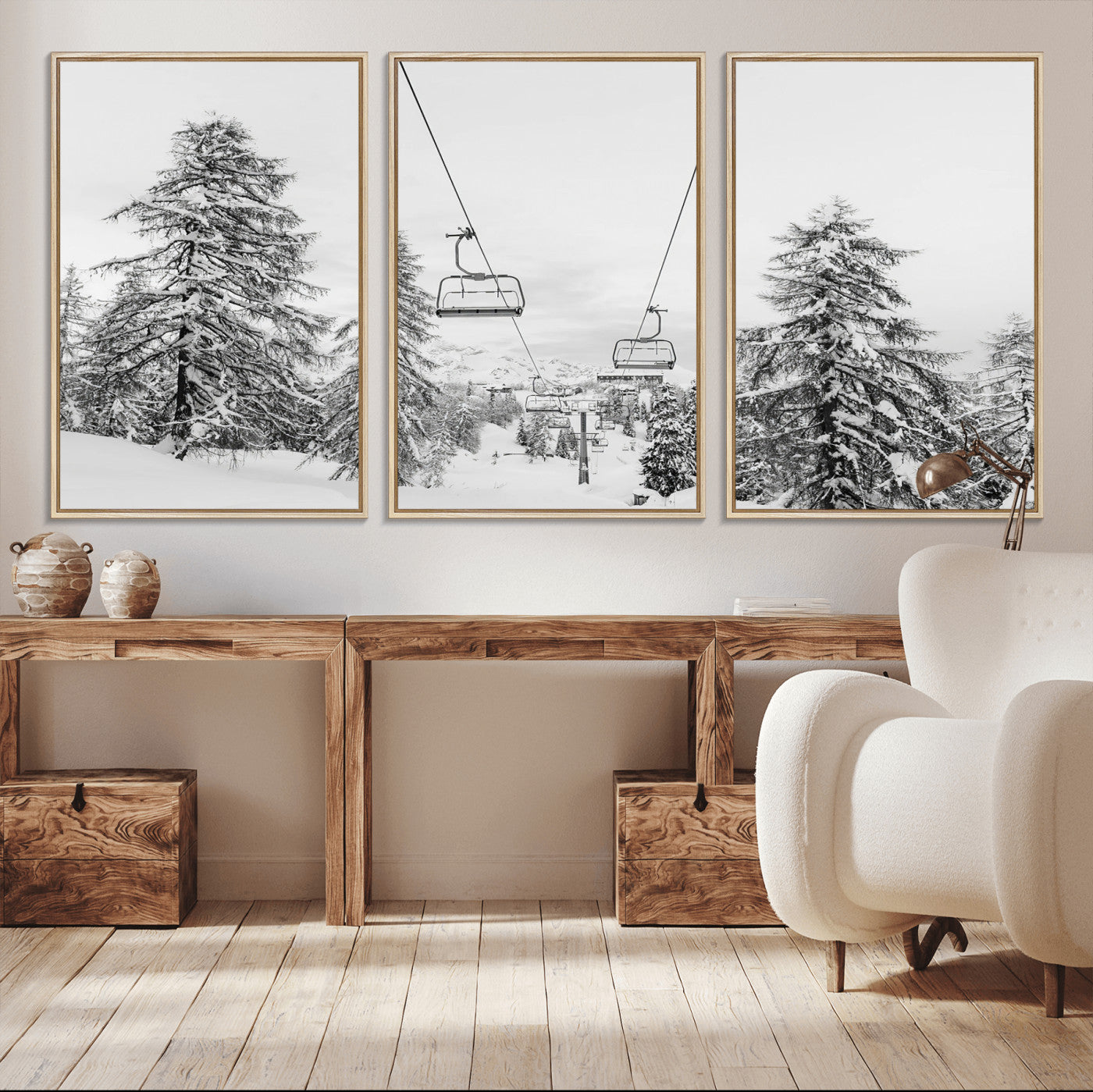 55003599-MGV-CV-36X24-Snowy Ski Lift Wall Art Canvas Print, Framed Winter Forest Art Picture Print, Ski lift Ride Perfect Winter Lodge Decor Artwork