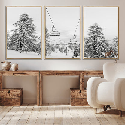 55003599-MGV-CV-36X24-Snowy Ski Lift Wall Art Canvas Print, Framed Winter Forest Art Picture Print, Ski lift Ride Perfect Winter Lodge Decor Artwork
