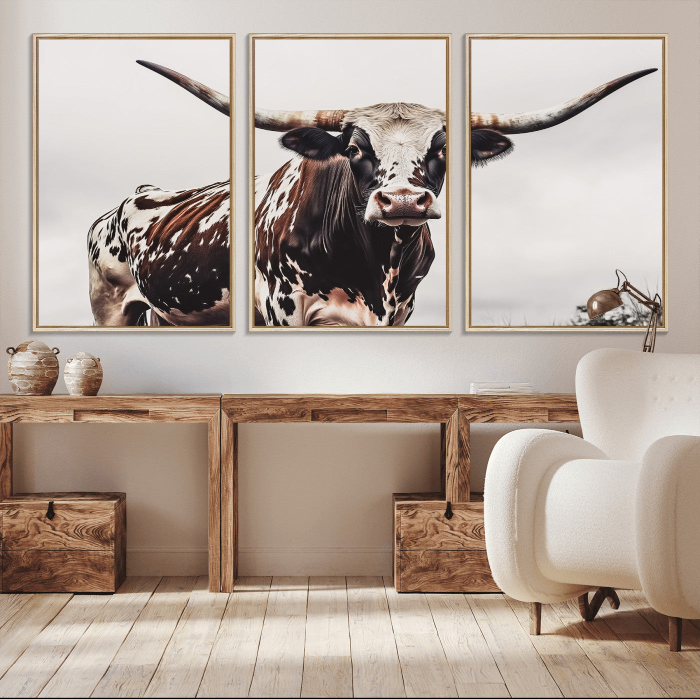 95249234-MGV-CV-36X24-Texas Longhorn Wall Art Canvas Print, Framed Spotted Bull Art Picture Print, Horned Cattle Perfect Rustic Farmhouse Decor Artwork