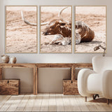 91248682-MGV-CV-36X24-Texas Longhorn Wall Art Canvas Print, Framed Resting Bull Art Picture Print, Spotted Cattle Perfect Rustic Western Decor Artwork