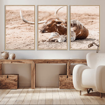 91248682-MGV-CV-36X24-Texas Longhorn Wall Art Canvas Print, Framed Resting Bull Art Picture Print, Spotted Cattle Perfect Rustic Western Decor Artwork