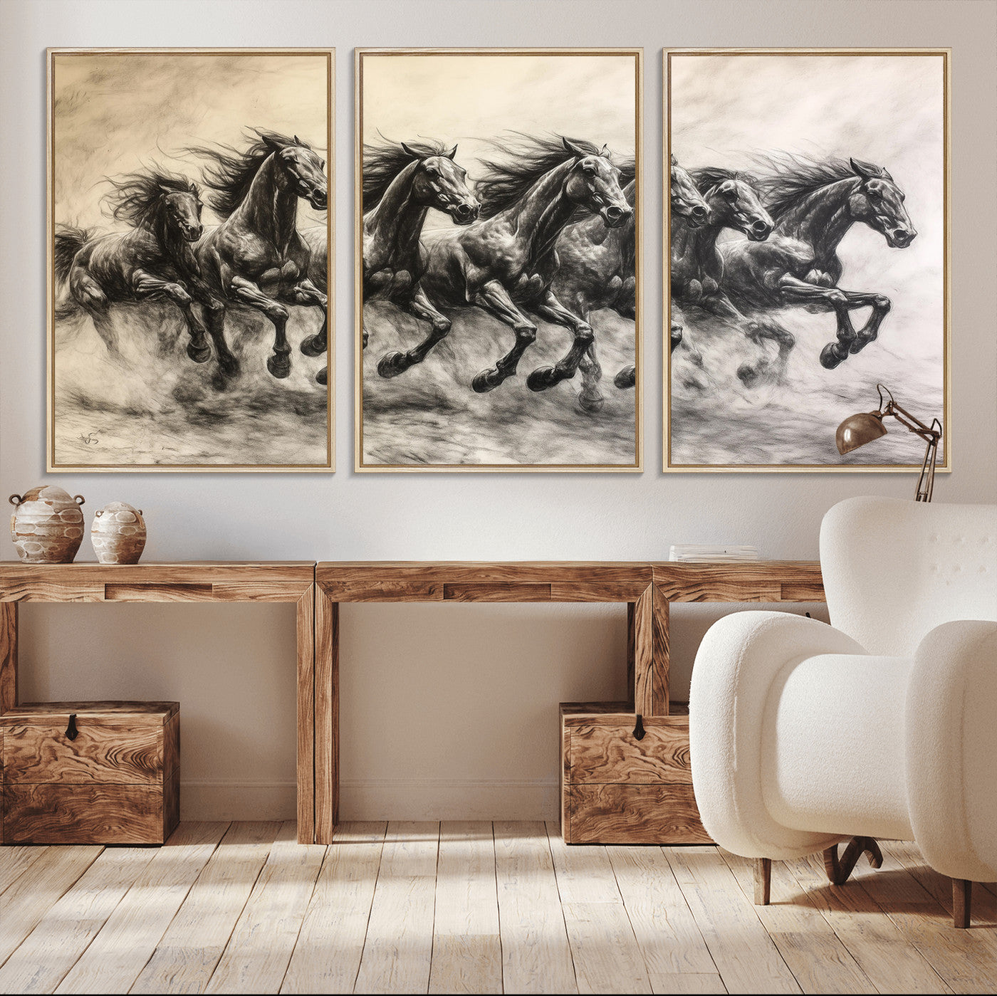 56089591-MGV-CV-36X24-Galloping Horses Wall Art Canvas Print, Framed Wild Stallions Art Picture Print, Horse Herd Sketch Perfect Monochrome Dynamic