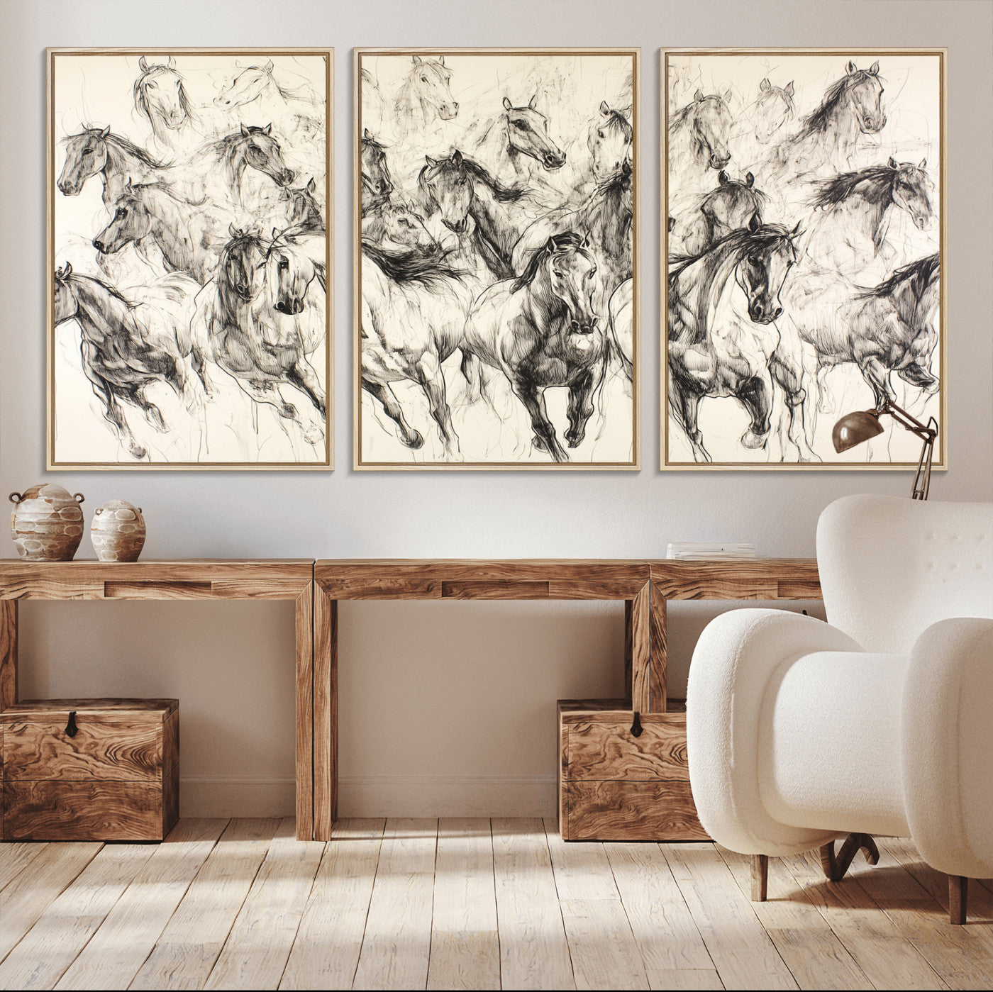 19433417-MGV-FC-60X30-3P_Natural-Running Horses Wall Art Canvas Print, Framed Horse Sketch Art Picture Print, Galloping Herd Perfect Monochrome Western Decor