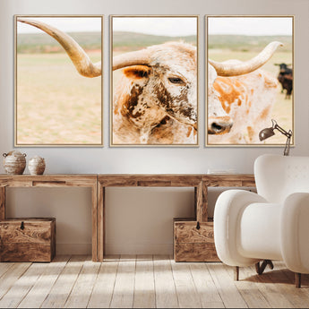 21060648-MGV-CV-36X24-Texas Longhorn Wall Art Canvas Print, Framed Speckled Cow Art Picture Print, Rustic Bull Perfect Rustic Western Decor Artwork
