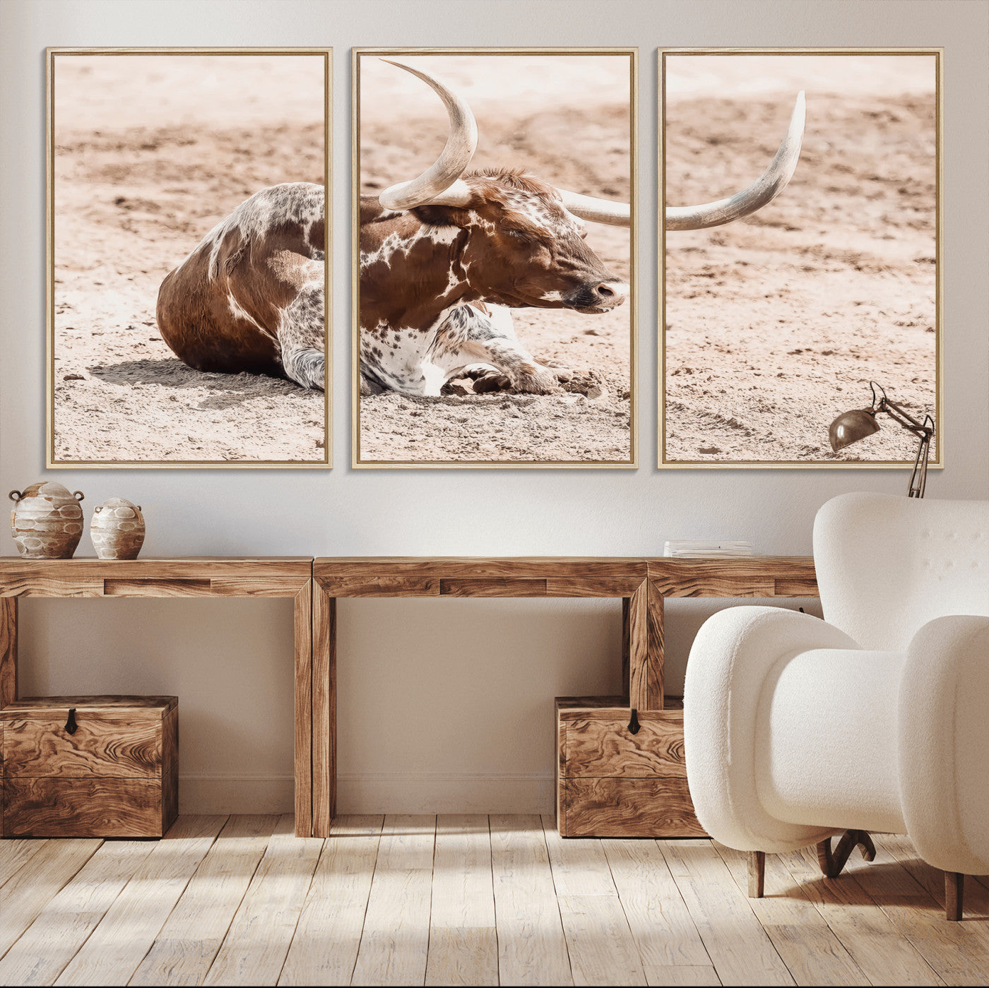 25407592-MGV-CV-36X24-Texas Longhorn Wall Art Canvas Print, Framed Resting Bull Art Picture Print, Spotted Cattle Perfect Rustic Western Decor Artwork