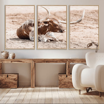 25407592-MGV-CV-36X24-Texas Longhorn Wall Art Canvas Print, Framed Resting Bull Art Picture Print, Spotted Cattle Perfect Rustic Western Decor Artwork