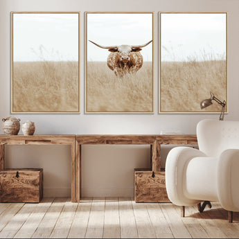 20927060-MGV-CV-36X24-Texas Longhorn Wall Art Canvas Print, Framed Lone Cattle Art Picture Print, Longhorn Bull Perfect Rustic Western Decor Artwork