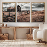 73898372-MGV-CV-36X24-Rustic Barn Wall Art Canvas Print, Framed Moody Field Art Picture Print, Weathered Fence Perfect Moody Farmhouse Decor Artwork