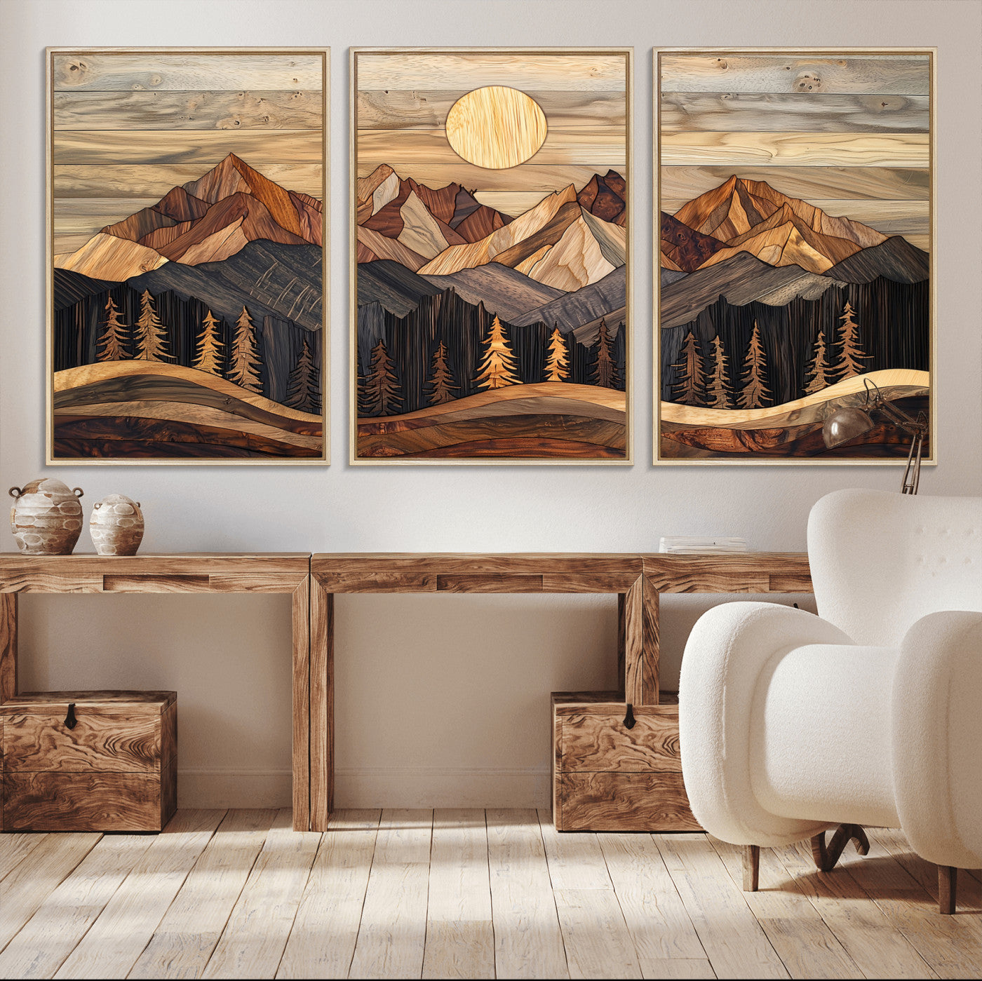 50100230-MGV-FC-60X30-3P_Natural-Wooden Mountain Wall Art – Rustic Nature Landscape Canvas Print, Handmade Style Sun, Forest, and Peaks Artwork for Living Room,