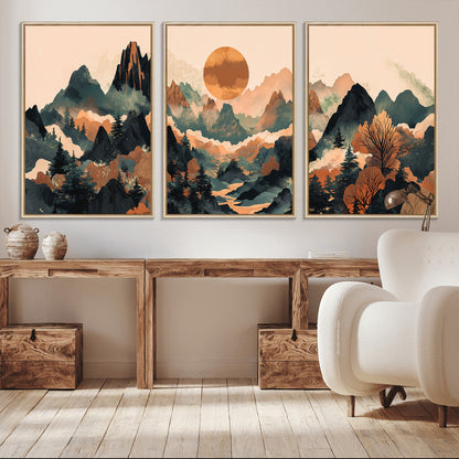 13012770-MGV-CV-36X24-Mountain Landscape Wall Art – Modern Nature Canvas Print with Sun, Misty Peaks, and Forest in Orange and Green Tones for Living