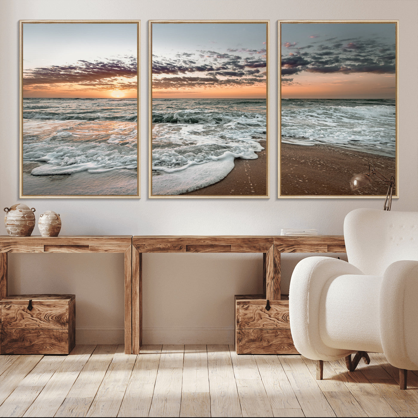 40632752-MGV-CV-36X24-Ocean Sunset Wall Art Canvas Print, Framed Beach Waves Art Picture Print, Coastal Scene Perfect Coastal Decor Artwork