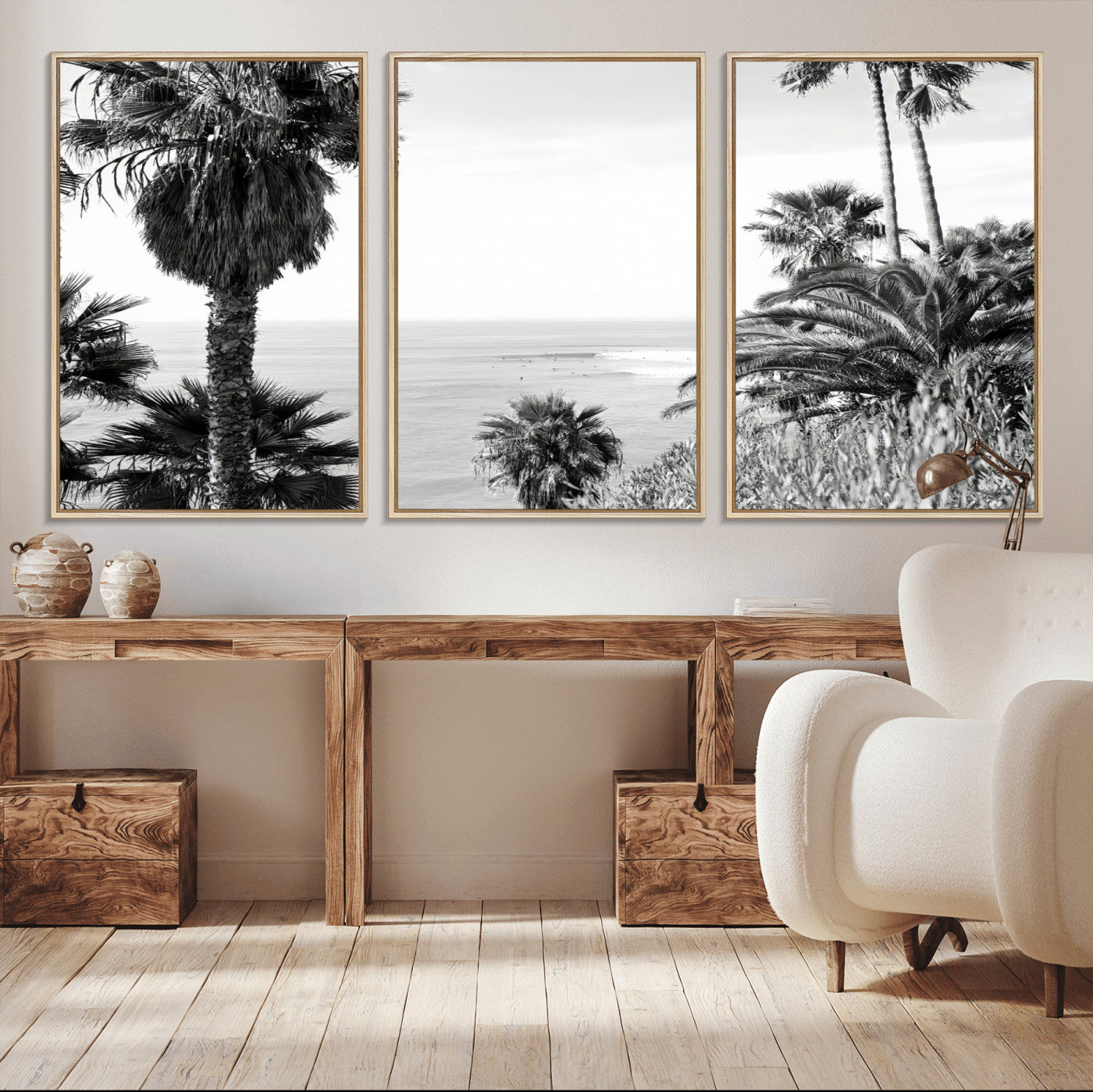 89458520-MGV-CV-36X24-Palm Trees Wall Art Canvas Print, Framed Coastal View Art Picture Print, Ocean Horizon Perfect Monochrome Coast Decor Artwork